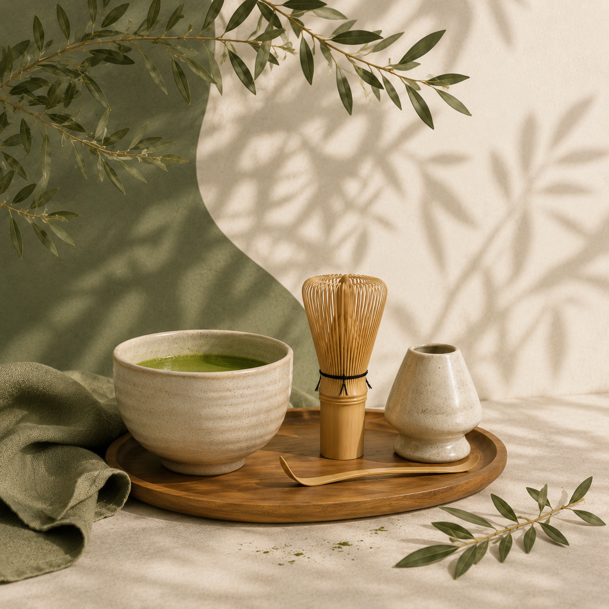 Matcha with bamboo whisk on a wooden tray